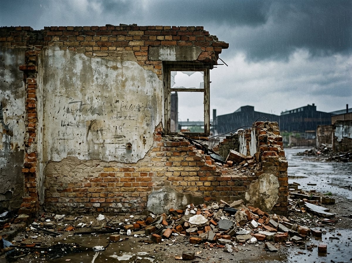 A half-demolished wall in the rain