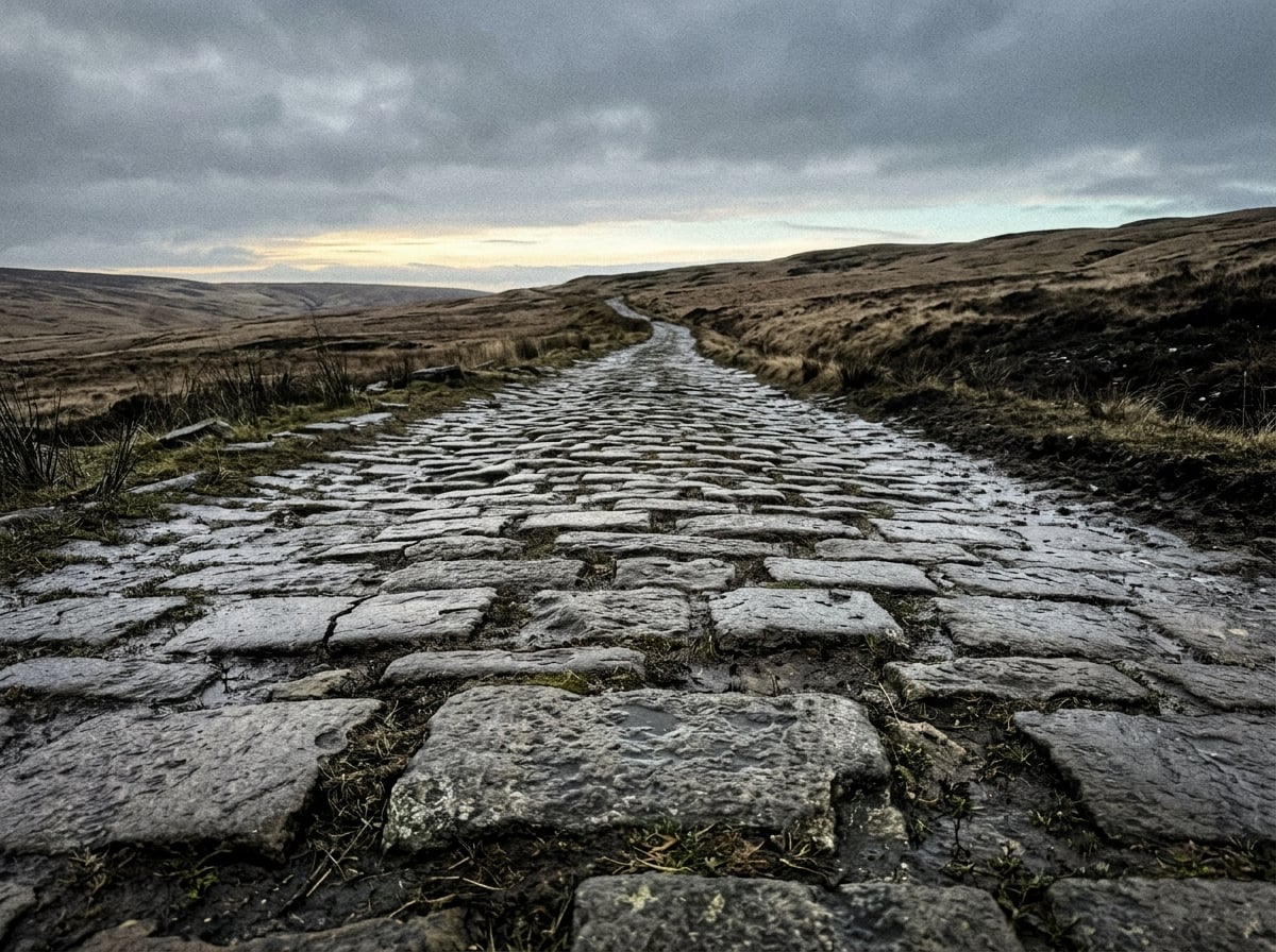 A broken paved road at dawn