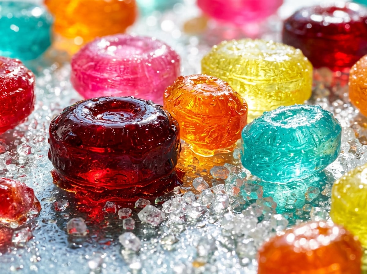 Boiled sweets in extreme close-up, backlit