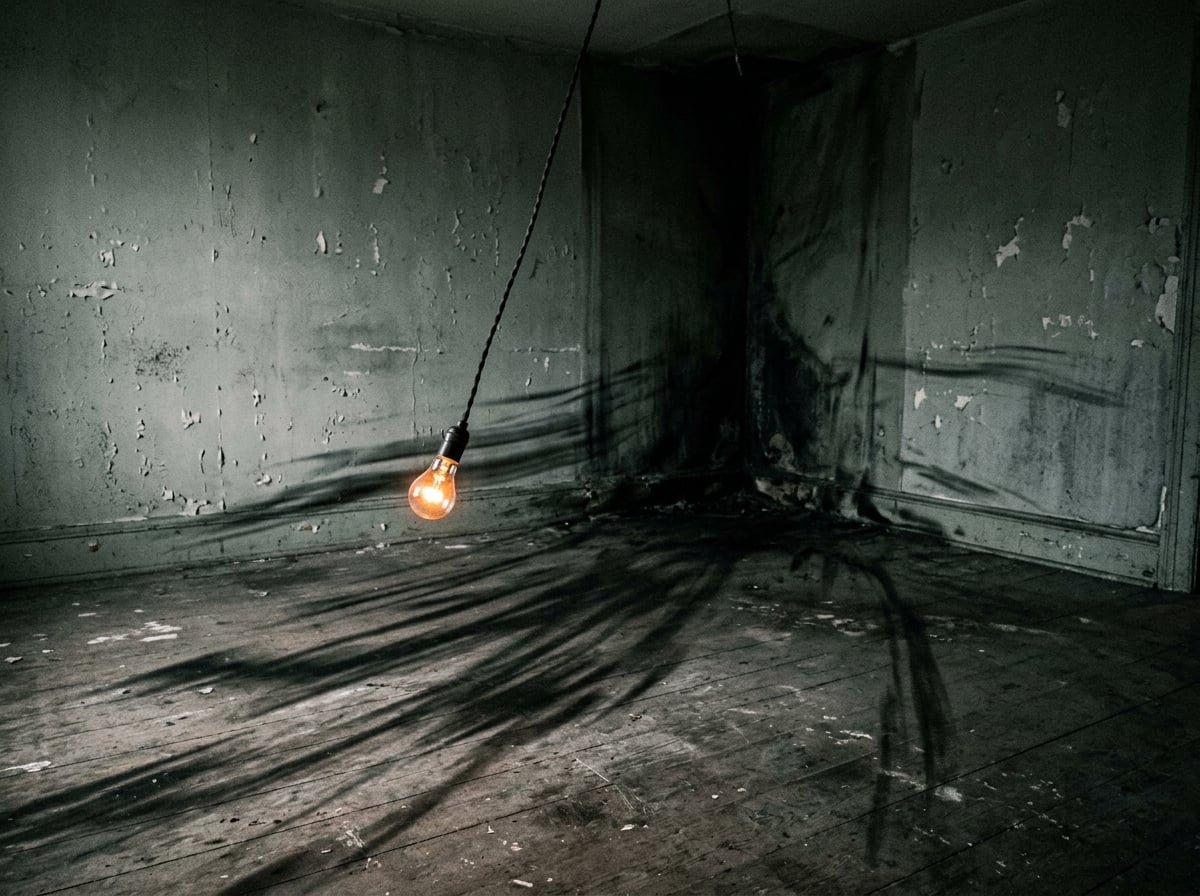 A bare lightbulb swinging in an empty room